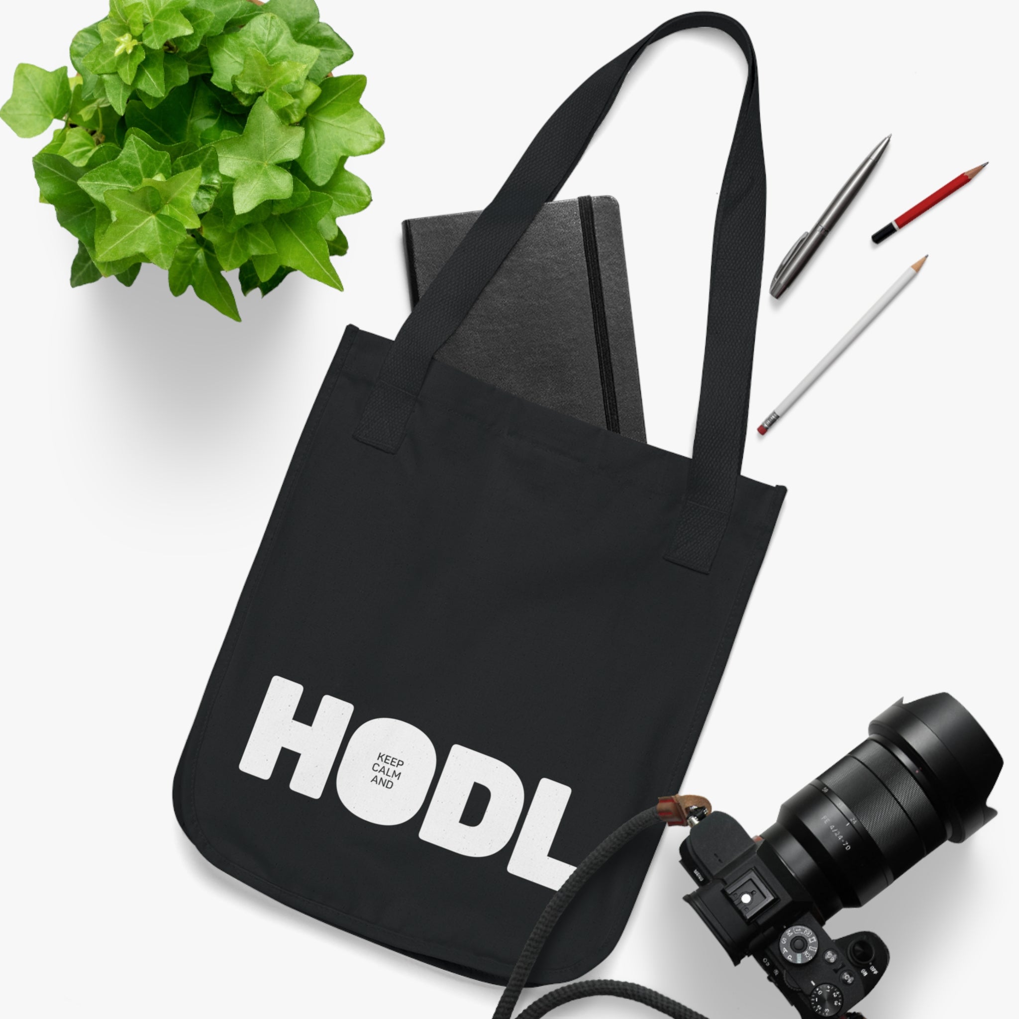Keep Calm and HODL - Organic Canvas Tote Bag with black and white graphic print