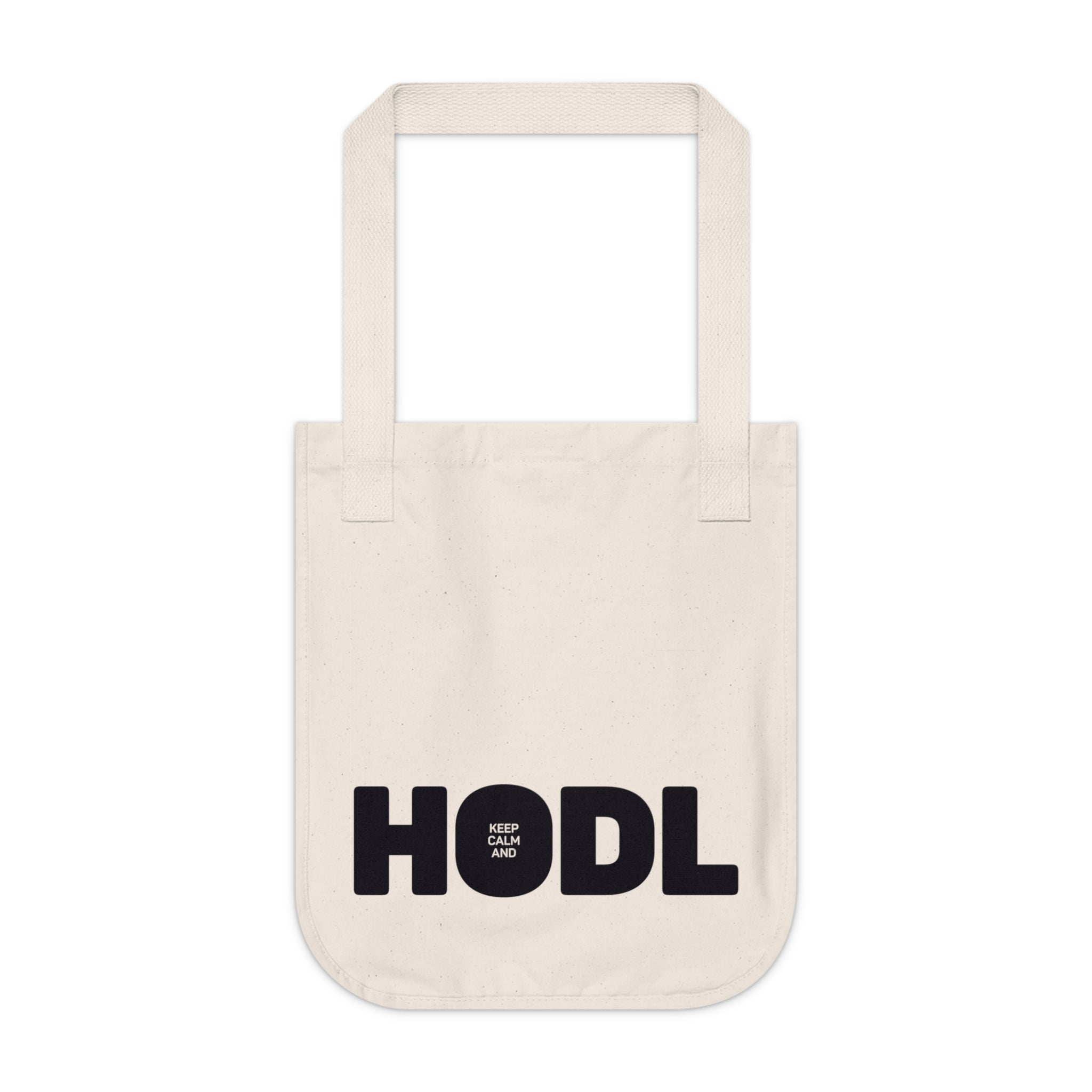 Keep Calm and HODL - Organic Canvas Tote Bag with black and white graphic print